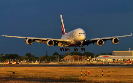 HD desktop wallpaper featuring a large aircraft landing on a runway, showcasing detailed views of the vehicle against a clear sky backdrop.