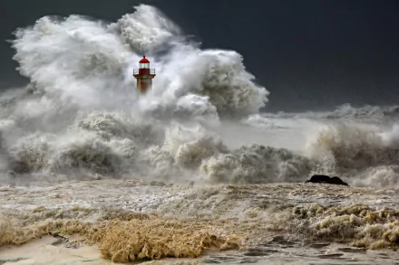 HD wallpaper of a lighthouse engulfed by the powerful waves of a stormy sea, exemplifying the dramatic interaction between man-made structures and nature.