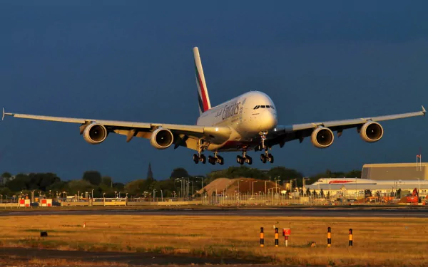 HD desktop wallpaper featuring a large aircraft landing on a runway, showcasing detailed views of the vehicle against a clear sky backdrop.