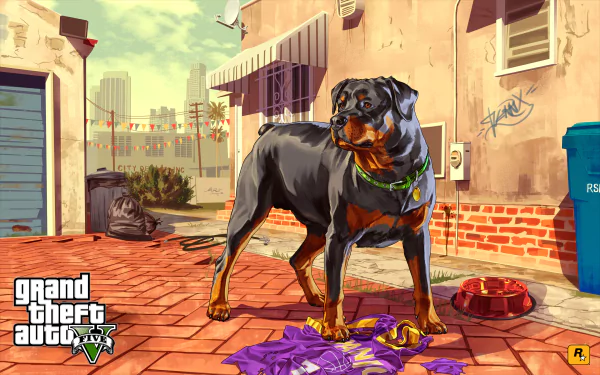 HD desktop wallpaper featuring Chop, the Rottweiler from Grand Theft Auto V, standing in a vibrant urban alley.