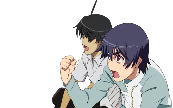Anime-style 4K Ultra HD wallpaper featuring Suruga Kanbaru and Koyomi Araragi from the Monogatari series, both with black hair and dynamic expressions.