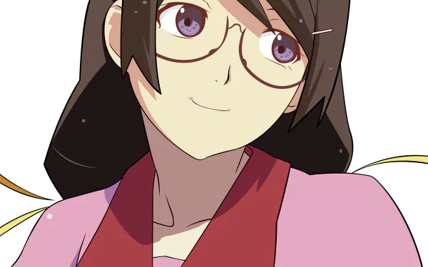 Close-up of Tsubasa Hanekawa from Monogatari Series—glasses and warm smile in a pink kimono; 4K Ultra HD anime PC desktop wallpaper/background.