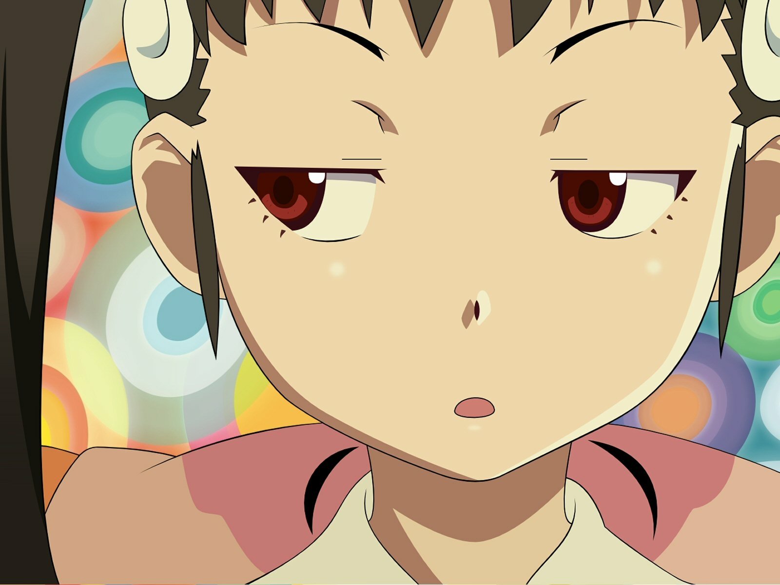 HD PC desktop wallpaper featuring Mayoi Hachikuji from the Monogatari series, showcasing her distinct expression against a colorful, abstract background.