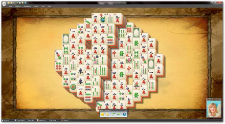 HD PC desktop wallpaper of man-made mahjong tiles arranged in a layered heart-shaped layout on a textured parchment background.