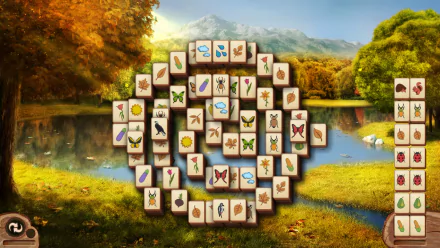 HD PC desktop wallpaper featuring a man-made Mahjong tile arrangement set against a serene autumn lake and mountain landscape.