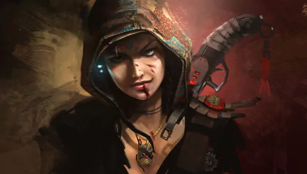 A fierce woman warrior in a hooded cloak, adorned with intricate details and weapons, stands against a dramatic backdrop, capturing the essence of fantasy in this HD desktop wallpaper.
