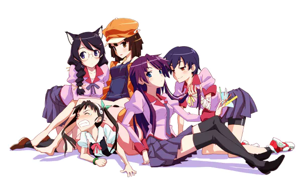 HD wallpaper featuring blue-eyed, long-haired anime characters Suruga Kanbaru, Nadeko Sengoku, Tsubasa Hanekawa, Mayoi Hachikuji, and Hitagi Senjōgahara from Monogatari series.