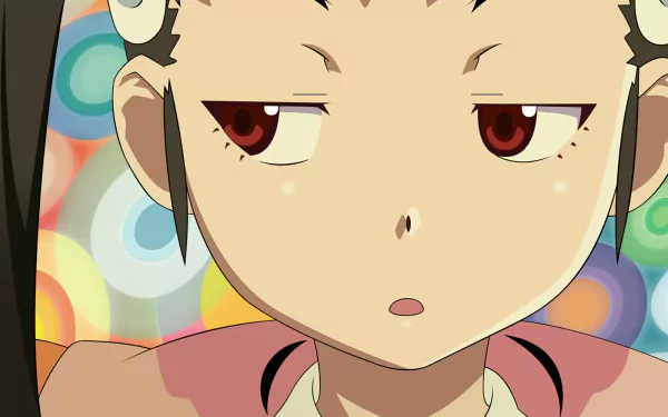 HD PC desktop wallpaper featuring Mayoi Hachikuji from the Monogatari series, showcasing her distinct expression against a colorful, abstract background.