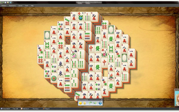 HD PC desktop wallpaper of man-made mahjong tiles arranged in a layered heart-shaped layout on a textured parchment background.