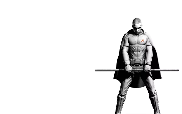 Tim Drake as Robin from Batman: Arkham City stands in grayscale with his staff, showcased in a 4K Ultra HD PC desktop wallpaper and background.