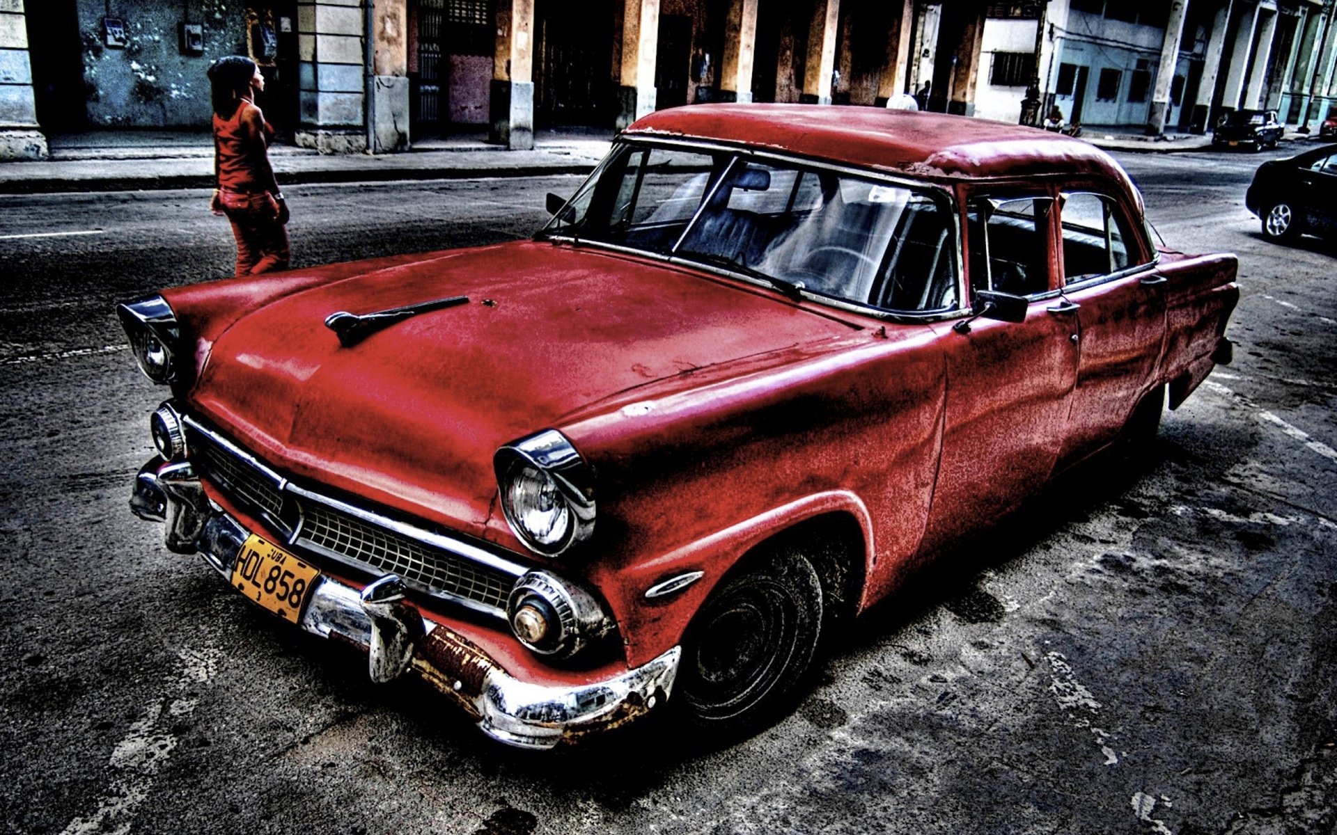 Classic red vehicle on a gritty street, high-contrast HDR look — HD PC desktop wallpaper and background.