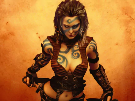 4K Ultra HD PC desktop wallpaper featuring a fierce, tattooed warrior woman from the video game Age of Conan against a textured orange background.