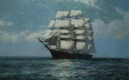 Artistic painting of a tall ship with full sails navigating calm seas under a cloudy sky, captured in HD for a stunning PC desktop wallpaper and background.