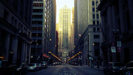 Chicago man-made streetscape: symmetry of a downtown avenue flanked by skyscrapers, sunlit central tower—HD PC desktop wallpaper and background.