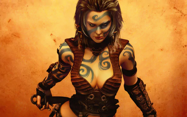 4K Ultra HD PC desktop wallpaper featuring a fierce, tattooed warrior woman from the video game Age of Conan against a textured orange background.