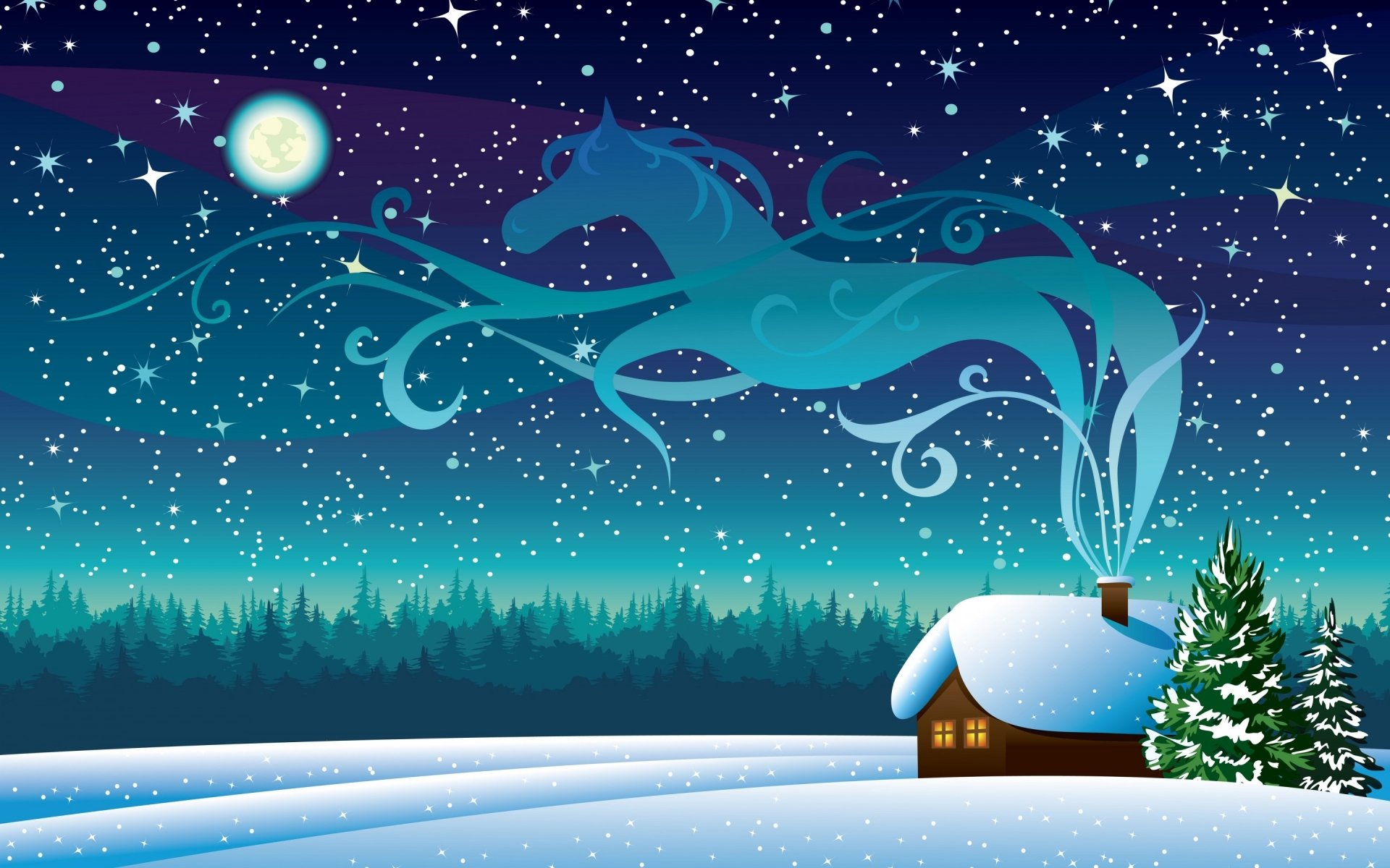A serene Christmas scene features a cozy cabin under a starlit sky, with a mystical horse silhouette hovering above, surrounded by snow-covered landscapes and evergreen trees.
