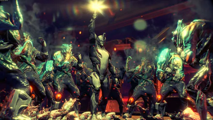 HD PC desktop wallpaper featuring intense battle scene from the video game Warframe, showcasing armored warriors in a dynamic, futuristic setting.