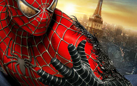 HD wallpaper from Spider-Man 3 movie featuring Spider-Man with a cityscape background and sunset.