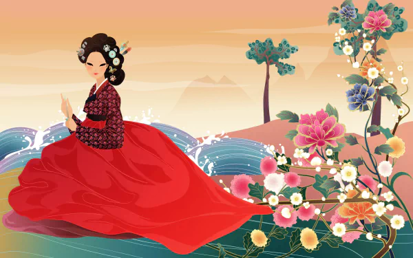 A woman in a traditional Korean costume sits gracefully against a vibrant background featuring flowing water and blooming flowers, highlighting the beauty of Korean artistry.