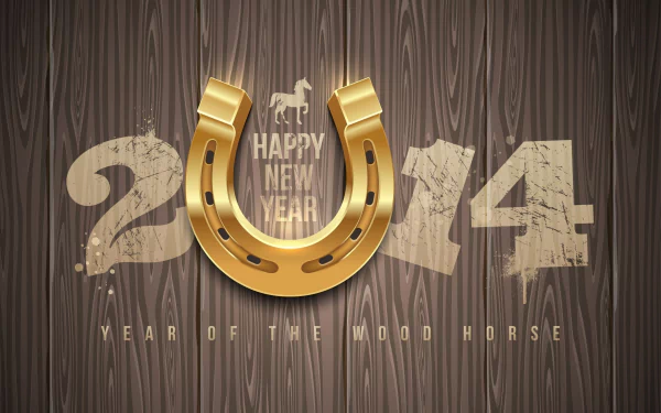 HD PC desktop wallpaper for New Year 2014, featuring a golden horseshoe and Happy New Year text on a wooden background, celebrating the Year of the Wood Horse.
