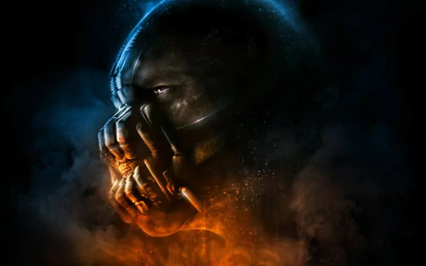 HD PC desktop wallpaper of Bane from the movie The Dark Knight Rises, featuring a dark, smoky background with glowing orange and blue lighting.