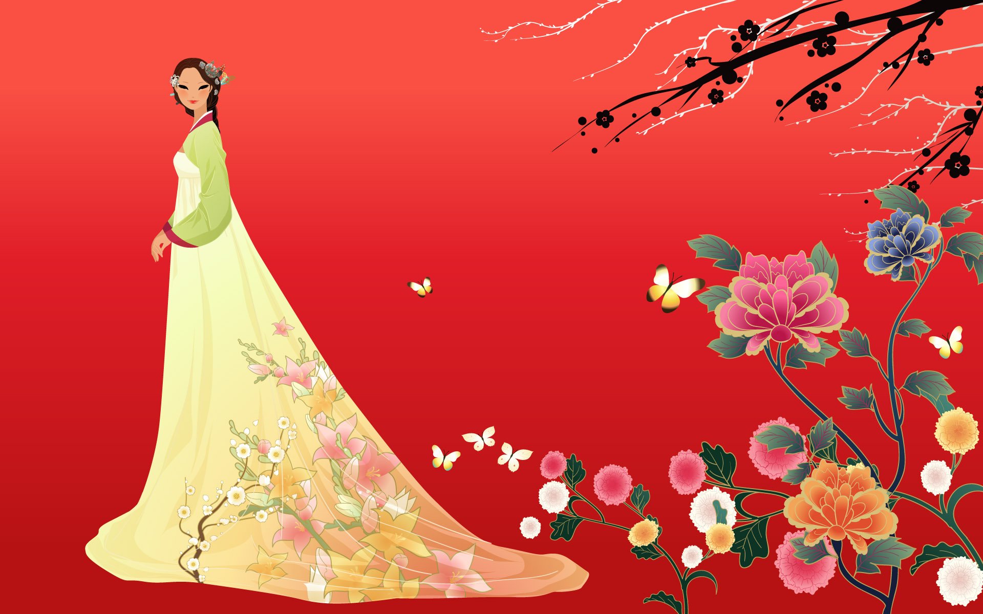 Artistic HD PC desktop wallpaper of a Korean woman in a hanbok with a long floral train on a red background adorned with blossoms and butterflies.