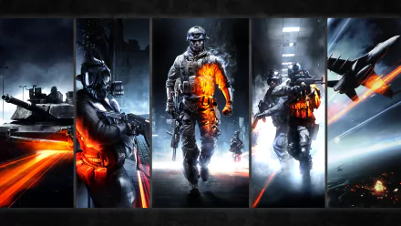 HD desktop wallpaper featuring intense scenes from the video game Battlefield 3, showcasing soldiers in combat gear, a tank, and a jet, with dramatic lighting and action-packed visuals.