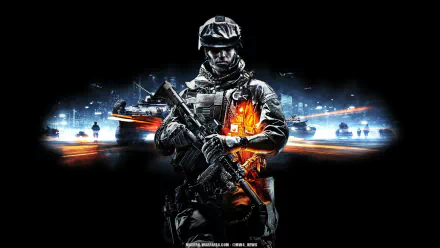A striking HD wallpaper featuring a soldier from the video game Battlefield 3, showcasing detailed gear and a dramatic background with tanks and a cityscape.