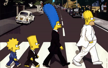 The Simpsons family—Lisa, Bart, Marge, and Homer—crossing a street at night, styled as a high-definition PC desktop wallpaper inspired by the TV show.