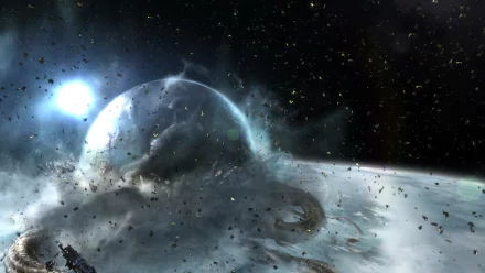A stunning HD desktop wallpaper from the video game Dead Space 3, showcasing a dramatic scene in space with swirling debris and an imposing planet.