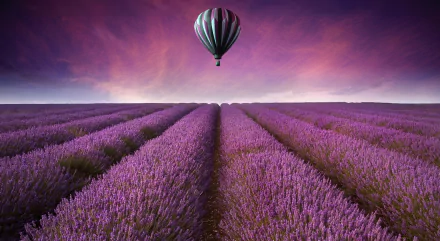 A vibrant landscape featuring expansive lavender fields under a colorful sky, complemented by a hot air balloon floating above. This HD wallpaper captures the serenity of nature.