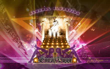 HD music desktop wallpaper showing a legendary West Coast rapper on a throne-like stage with neon lights, smoke effects and a bold stylized logo text referencing the artist.