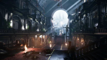 HD PC desktop wallpaper from the video game Ryse: Son Of Rome — vast sunlit Roman atrium with marble steps, central statue, banners and torches, cinematic rays through an arched gateway.