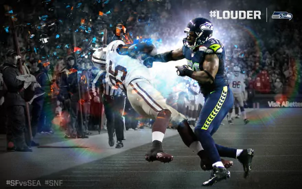 An action-packed Seattle Seahawks sports wallpaper featuring a powerful player tackle, with a vibrant crowd in the background and the hashtag #LOUDER prominently displayed.
