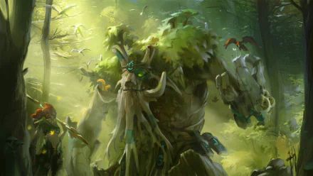 A vibrant HD wallpaper featuring characters from the video game DotA 2, showcasing a mystical forest scene with a towering tree-like hero and ethereal woodland spirits.