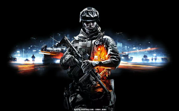 A striking HD wallpaper featuring a soldier from the video game Battlefield 3, showcasing detailed gear and a dramatic background with tanks and a cityscape.