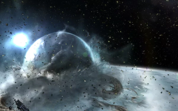 A stunning HD desktop wallpaper from the video game Dead Space 3, showcasing a dramatic scene in space with swirling debris and an imposing planet.
