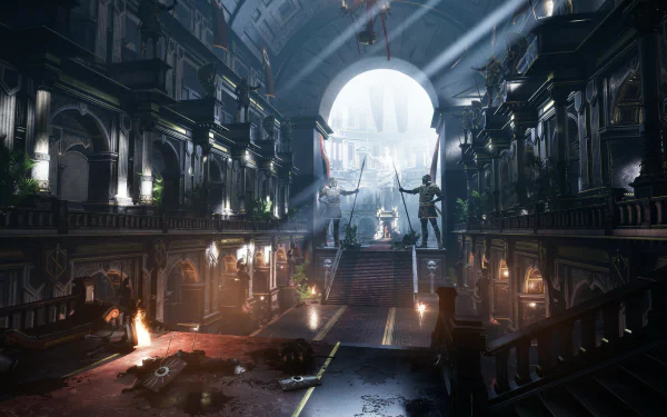 HD PC desktop wallpaper from the video game Ryse: Son Of Rome — vast sunlit Roman atrium with marble steps, central statue, banners and torches, cinematic rays through an arched gateway.