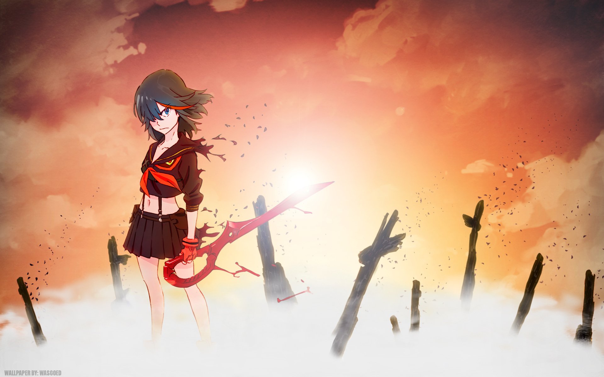 An HD wallpaper featuring Ryūko Matoi from the anime Kill La Kill, standing confidently in a skirt amid a dramatic sunset and a misty landscape.