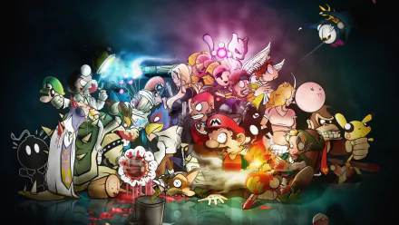 HD PC desktop wallpaper featuring a vibrant collage of iconic video game characters in dynamic poses against a glowing, colorful background.