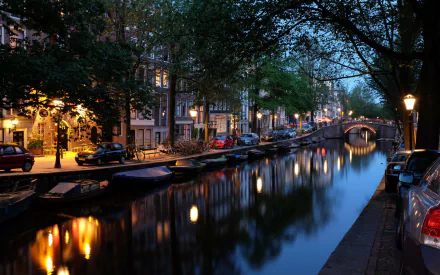 HD wallpaper of a serene night view in Amsterdam, showing a river reflecting city lights, with a bridge and tree-lined streets.