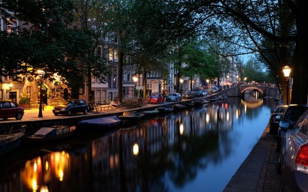 Man Made Amsterdam Cities Netherlands Reflection Night City Light River HD Wallpaper | Background Image