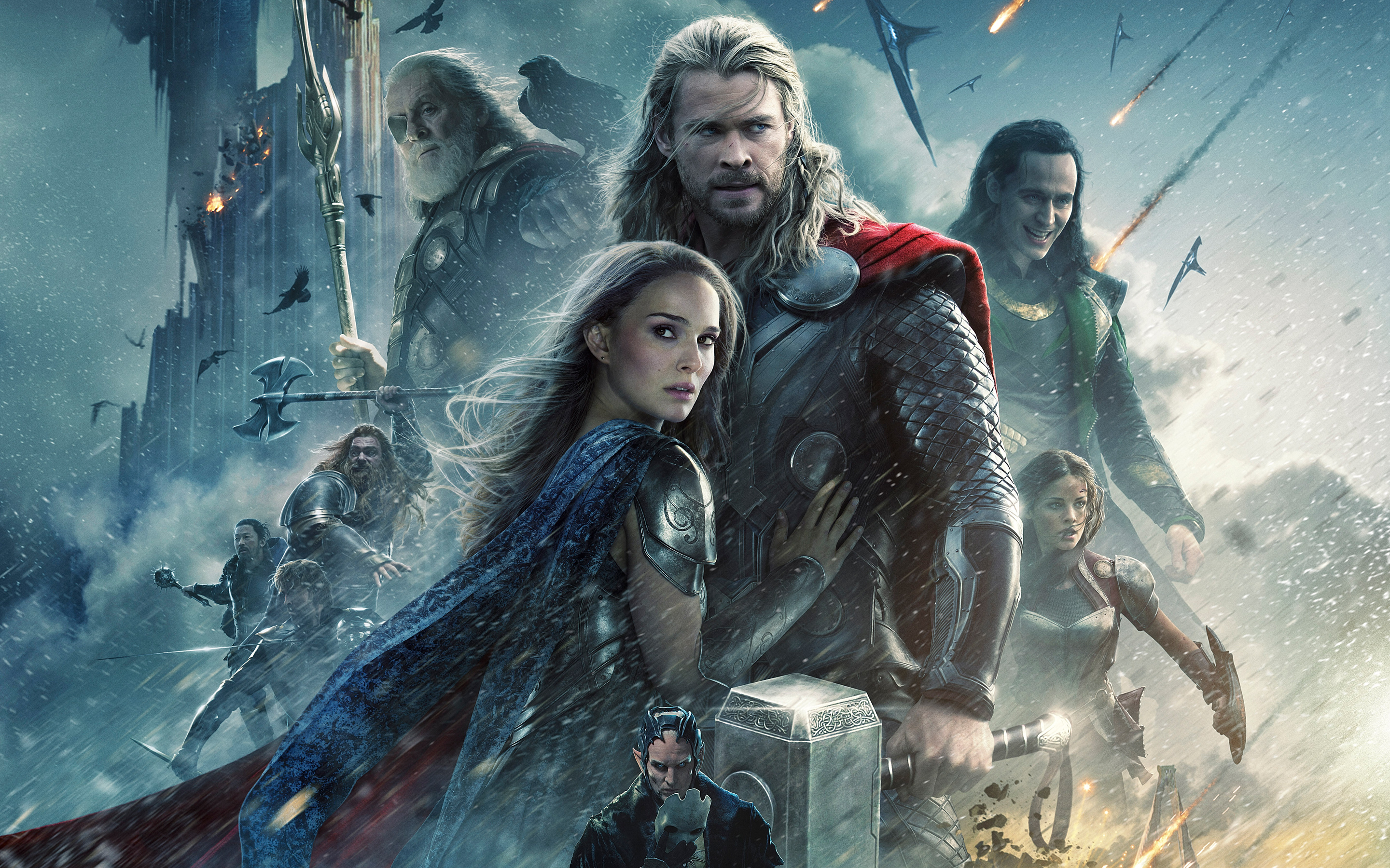 HD desktop wallpaper of Thor: The Dark World featuring Thor, Loki, and other characters in a dramatic battle scene.