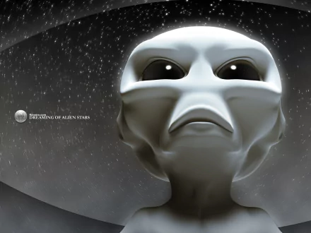 An HD PC desktop wallpaper featuring a sci-fi alien with large eyes and a contemplative expression, set against a starry background.