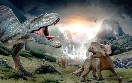 HD desktop wallpaper featuring dinosaurs from the movie Walking with Dinosaurs in a dramatic prehistoric landscape at sunset.