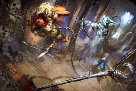 HD fantasy wallpaper featuring a dynamic warrior mid-battle in a mystical setting. The scene captures intense action and heroic elements, making it a captivating background for your desktop.