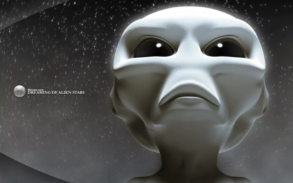 An HD PC desktop wallpaper featuring a sci-fi alien with large eyes and a contemplative expression, set against a starry background.