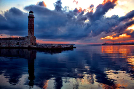 HD desktop wallpaper featuring a brick lighthouse by the sea with a stunning sunset reflecting off the water and dramatic clouds in the sky.