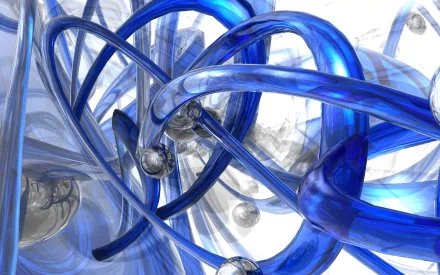 HD desktop wallpaper featuring a 3D abstract CGI design with intertwined blue tubular structures and reflective spheres, creating a dynamic and immersive background.