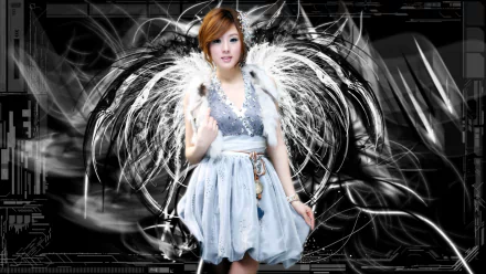 HD PC desktop wallpaper of a young woman in a pale embellished dress with feathered angel wings, posed against a high-contrast abstract black digital background.